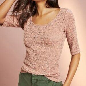 Anthropologie Lace Layering Tee Stretchy Knit Top Blush Pink Scoop Neck